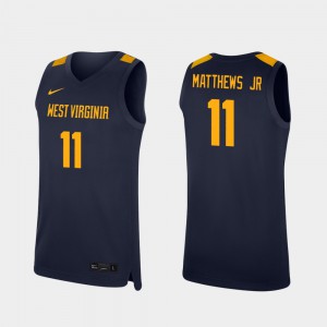 For Men's West Virginia University #11 Emmitt Matthews Jr. Navy Replica College Basketball Jersey 459396-890