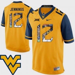Mens West Virginia University #12 Gary Jennings Gold Pictorial Fashion Football Jersey 950470-531