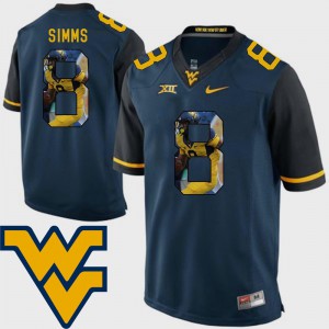 For Men West Virginia Mountaineers #8 Marcus Simms Navy Pictorial Fashion Football Jersey 258888-699