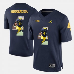For Men U of M #4 Jim Harbaugh Navy Blue Player Pictorial Jersey 895217-722